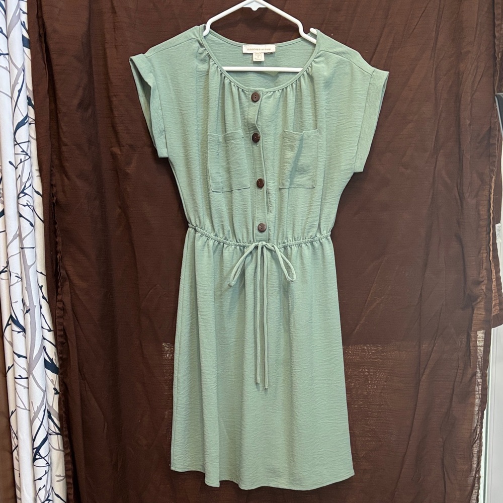 Monteau Sage Green Button-Front Drawstring Midi Dress